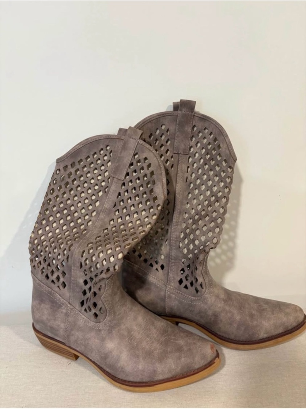 Nasty Gal Taupe Perforated Lace-Up Western Boots